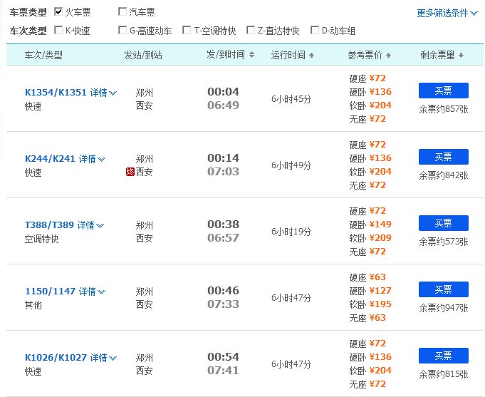 郑州到西安的火车票价是多少