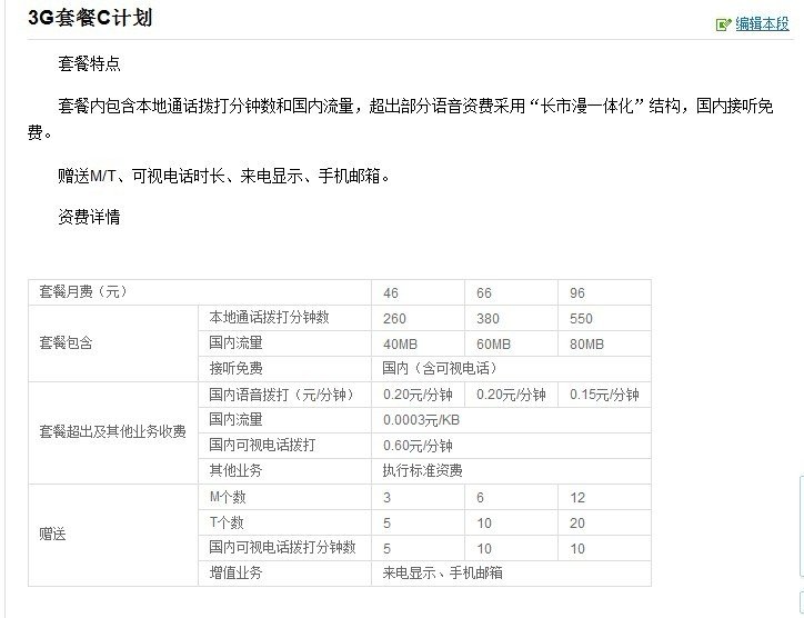 联通3g卡的套餐资费？