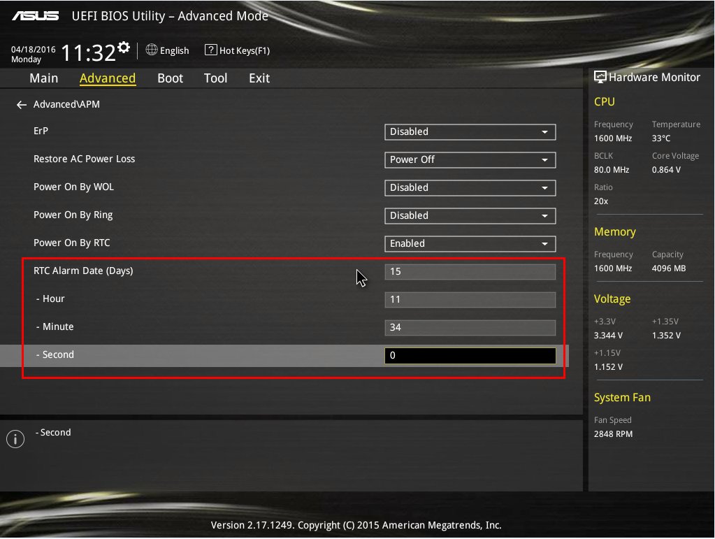 华硕电脑如何设置定时开机？
