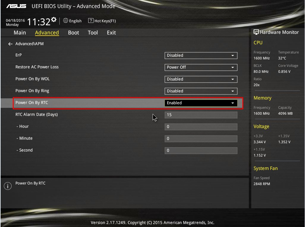 华硕电脑如何设置定时开机？