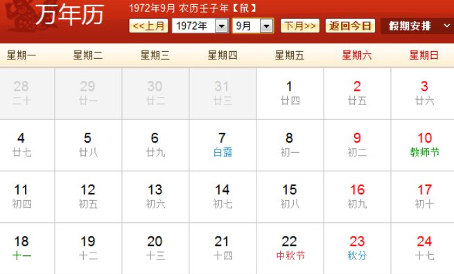 1972年日历农历阳历表