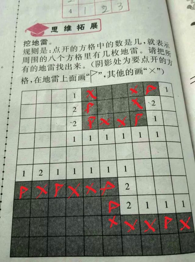 挖地雷规则：点开的方格中得数是几，就表示周围的八个方格里有几枚地雷。请把所有的地雷找出来