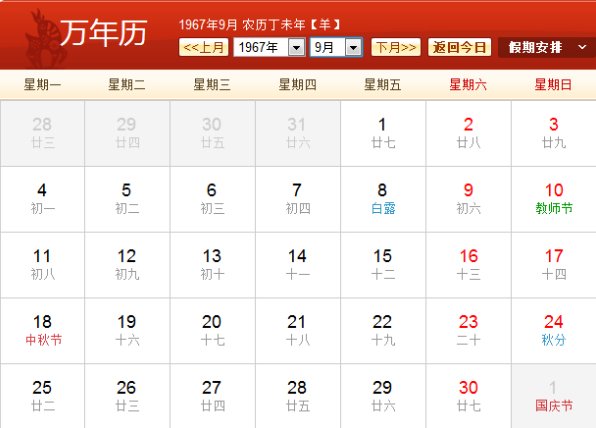 1967年日历农历阳历表对照表