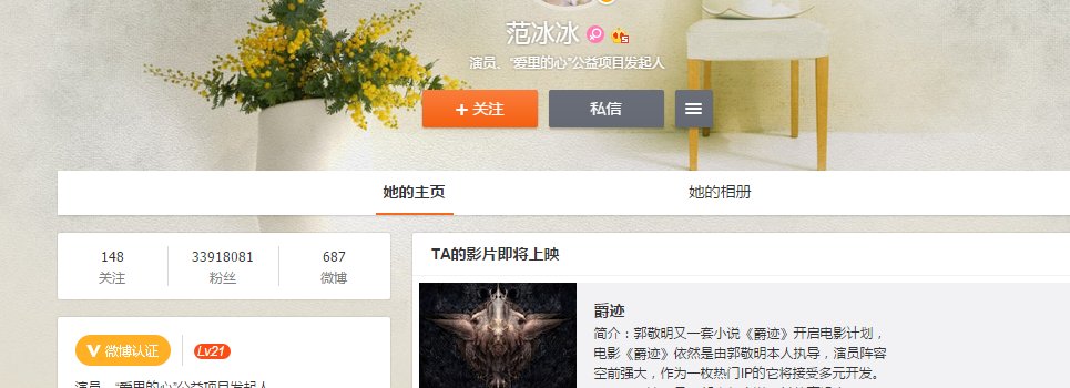 范冰冰新浪官方认证微博粉丝数是多少？