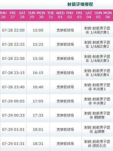 伦敦奥运射箭的赛程时间有吗？