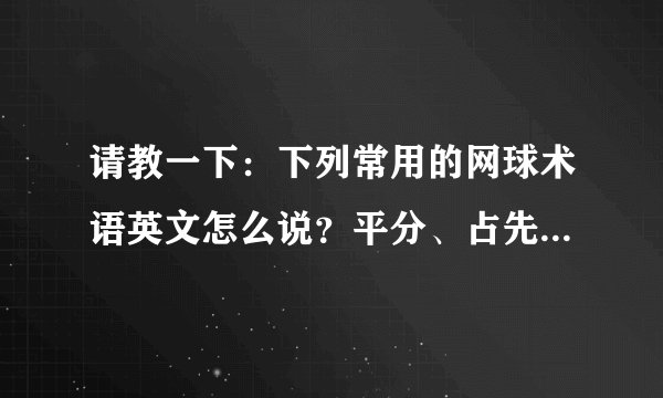 请教一下：下列常用的网球术语英文怎么说？平分、占先、失误、脚误、出界、重赛、擦网、两跳、赛点、盘点