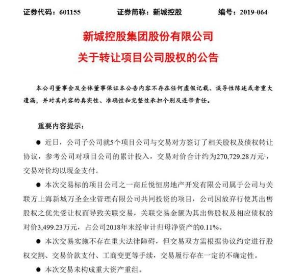 新城控股27.07亿元转让5家公司股权，金科再接商丘等两项目