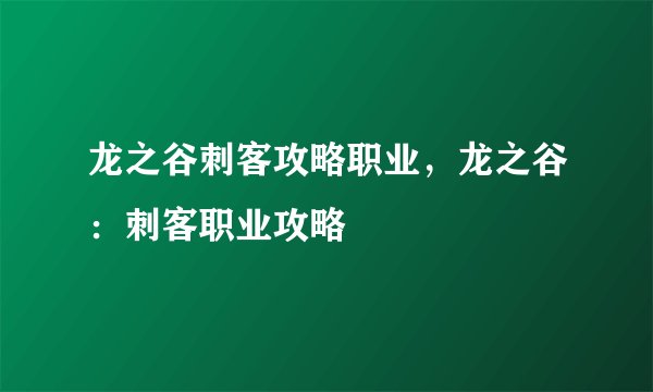 龙之谷刺客攻略职业，龙之谷：刺客职业攻略