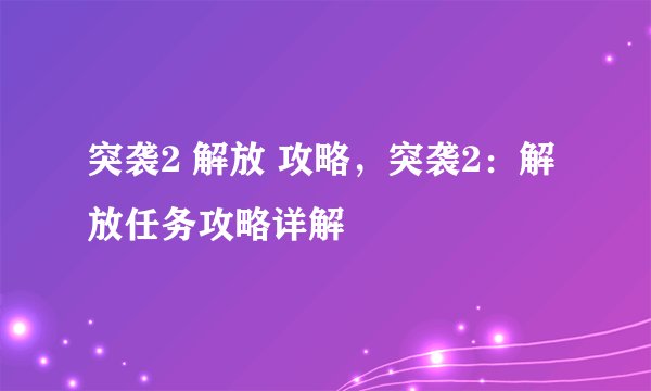 突袭2 解放 攻略，突袭2：解放任务攻略详解