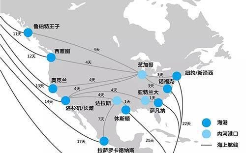 中国到美国美西和美东的海运航线图