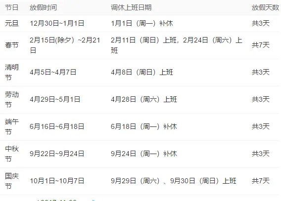 2018年法定假期表