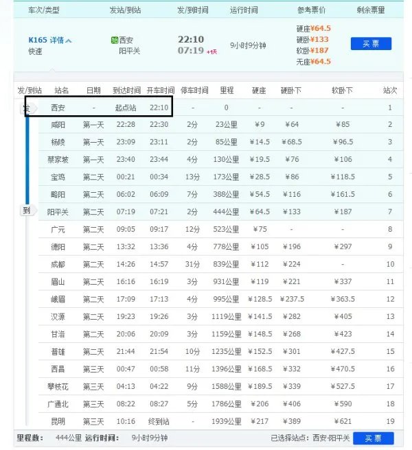 西安到阳平关165次列车在西安几点发车