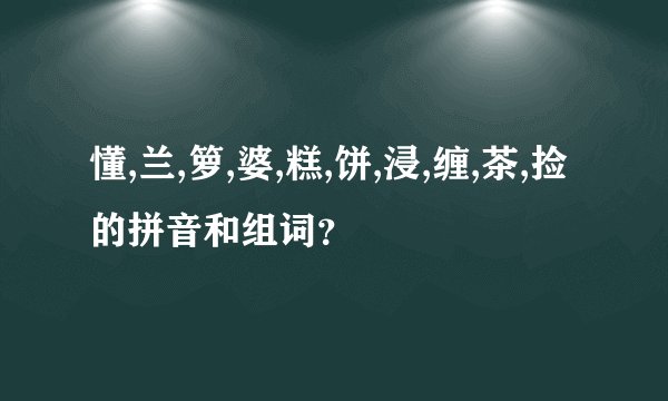懂,兰,箩,婆,糕,饼,浸,缠,茶,捡的拼音和组词？