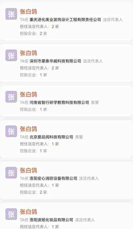 张白鸽名下的公司