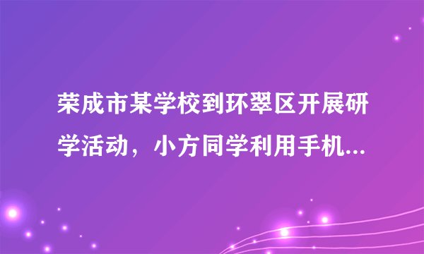 荣成市某学校到环翠区开展研学活动，小方同学利用手机获得甲、乙、丙、丁四幅图（如图）。其中，甲、乙为使用手机电子地图软件查询路线时，通过缩、放屏幕先后获得的；丙为某景区景点分布图，丁为某景点照片。读图完成下列16～17题。