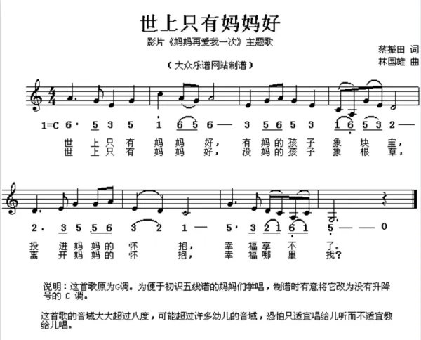 世上只有妈妈好简谱