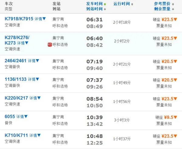 集宁南到呼和浩特站的火车