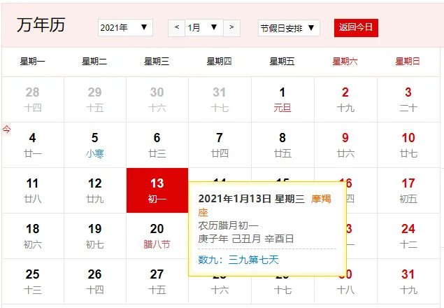农历2020腊月初一是几月几日