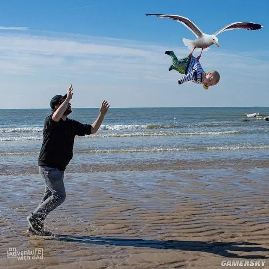 老爸带娃简易模式?大神将孩子PS到恶搞照片中