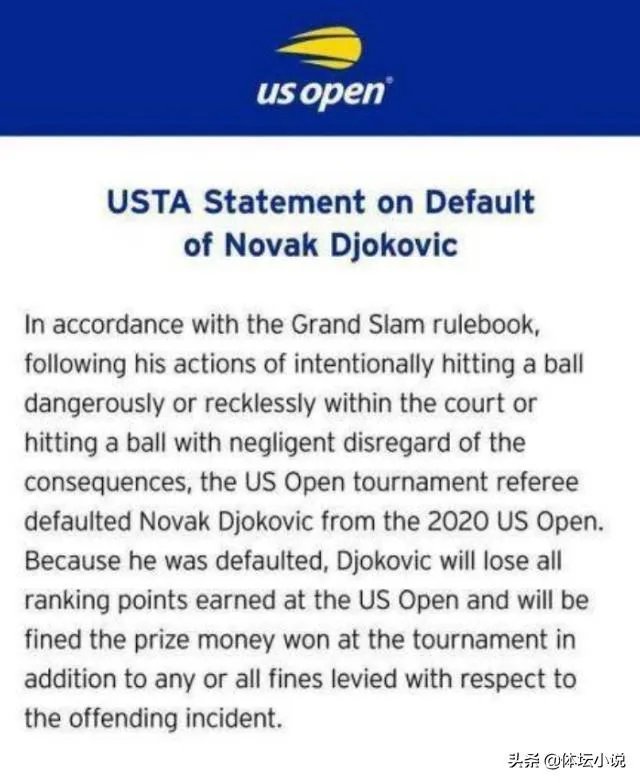 明明是无意击中底线女线审，裁判直接将德约科维奇美网资格取消，这个处罚符合规则么？