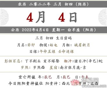 2022年农历三月初四老黄历宜忌是什么，是哪一天？